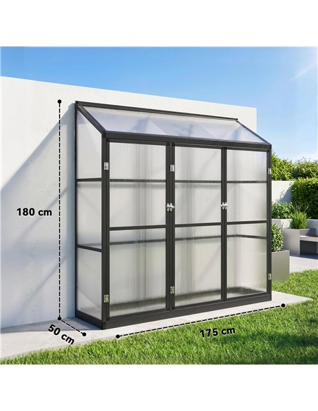 Outsunny 6 x 1.5ft Polycarbonate Greenhouse, Quick Setup, Lean-to Green House with 3 Hinged Doors, Top Vent, Black - pic 205445 | FastDaddyshop