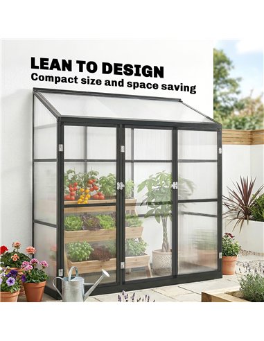 Outsunny 6 x 1.5ft Polycarbonate Greenhouse, Quick Setup, Lean-to Green House with 3 Hinged Doors, Top Vent, Black