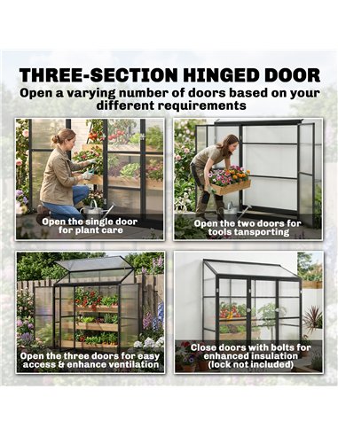 Outsunny 6 x 1.5ft Polycarbonate Greenhouse, Quick Setup, Lean-to Green House with 3 Hinged Doors, Top Vent, Black
