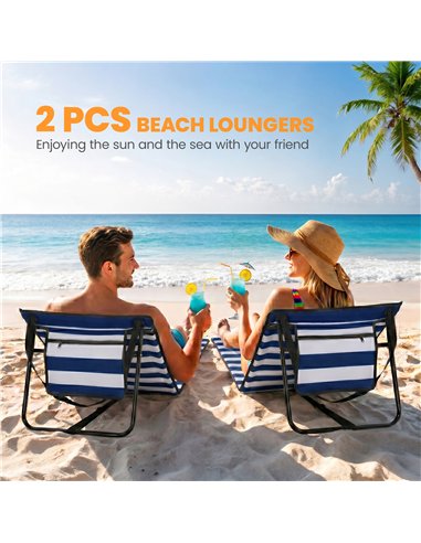 Outsunny Set of 2 Foldable Garden Beach Chair Mat, Outdoor Sun Lounger Seats with Adjustable Back, Magazine Pocket, Carry Strap