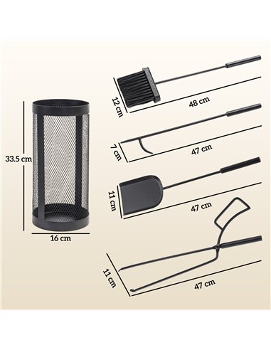 Outsunny 5-Piece Fireplace Tools Set with Mesh Basket, Indoor Outdoor Fireside Accessories for Fireplaces, Fire Pits, Black