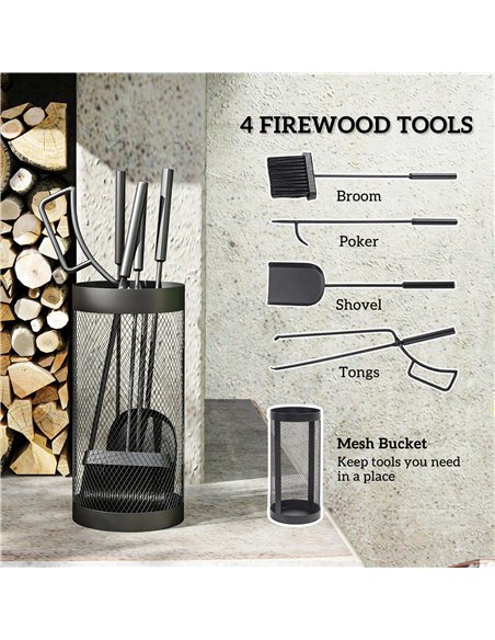 Outsunny 5-Piece Fireplace Tools Set with Mesh Basket, Indoor Outdoor Fireside Accessories for Fireplaces, Fire Pits, Black - pic 205527 | FastDaddyshop