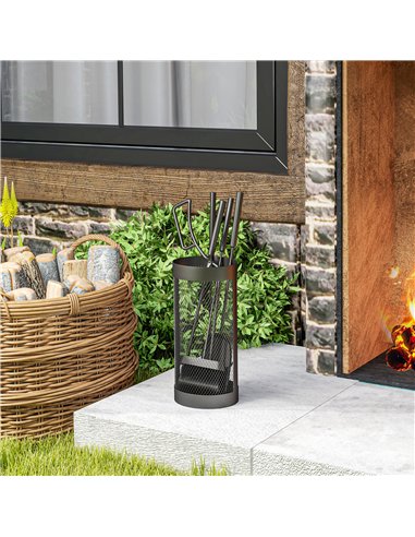 Outsunny 5-Piece Fireplace Tools Set with Mesh Basket, Indoor Outdoor Fireside Accessories for Fireplaces, Fire Pits, Black