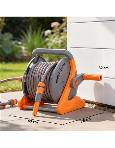 Outsunny Portable Garden Hose Reel, 20+2 m Wall Mounted Hose Reel with 2 Patterns Spray Nozzle and Crank Handle, Orange