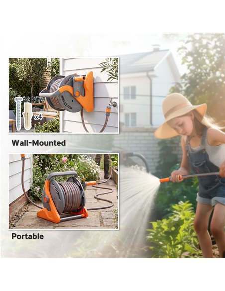 Outsunny Portable Garden Hose Reel, 20+2 m Wall Mounted Hose Reel with 2 Patterns Spray Nozzle and Crank Handle, Orange - pic 205536 | FastDaddyshop