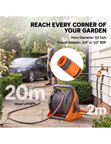 Outsunny Portable Garden Hose Reel, 20+2 m Wall Mounted Hose Reel with 2 Patterns Spray Nozzle and Crank Handle, Orange
