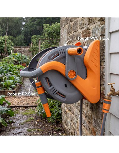 Outsunny Portable Garden Hose Reel, 20+2 m Wall Mounted Hose Reel with 2 Patterns Spray Nozzle and Crank Handle, Orange