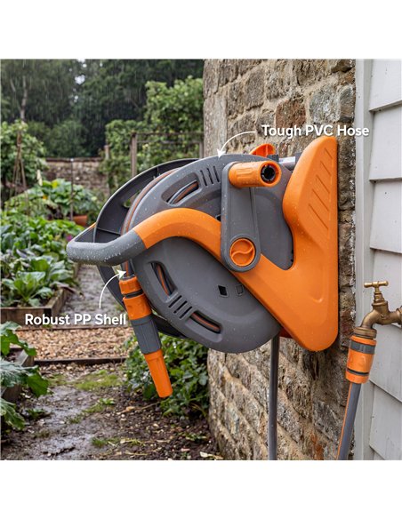 Outsunny Portable Garden Hose Reel, 20+2 m Wall Mounted Hose Reel with 2 Patterns Spray Nozzle and Crank Handle, Orange - pic 205539 | FastDaddyshop
