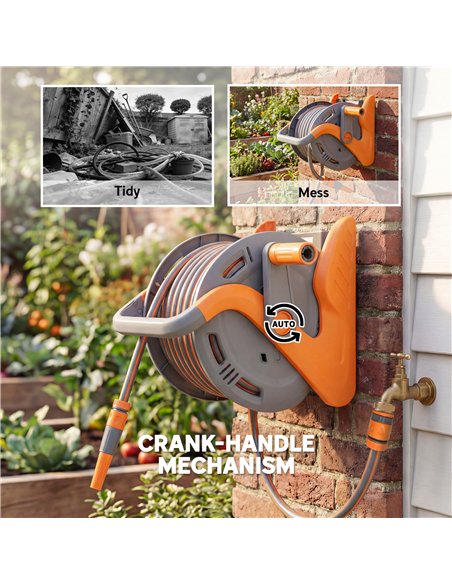 Outsunny Portable Garden Hose Reel, 20+2 m Wall Mounted Hose Reel with 2 Patterns Spray Nozzle and Crank Handle, Orange - pic 205540 | FastDaddyshop