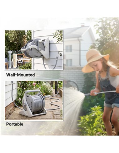 Outsunny Portable Garden Hose Reel, 20+2 m Wall Mounted Hose Reel with 2 Patterns Spray Nozzle and Crank Handle, Grey