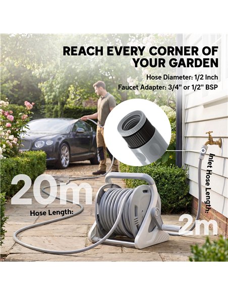 Outsunny Portable Garden Hose Reel, 20+2 m Wall Mounted Hose Reel with 2 Patterns Spray Nozzle and Crank Handle, Grey - pic 205546 | FastDaddyshop