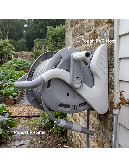 Outsunny Portable Garden Hose Reel, 20+2 m Wall Mounted Hose Reel with 2 Patterns Spray Nozzle and Crank Handle, Grey - pic 205548 | FastDaddyshop