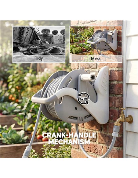Outsunny Portable Garden Hose Reel, 20+2 m Wall Mounted Hose Reel with 2 Patterns Spray Nozzle and Crank Handle, Grey - pic 205549 | FastDaddyshop