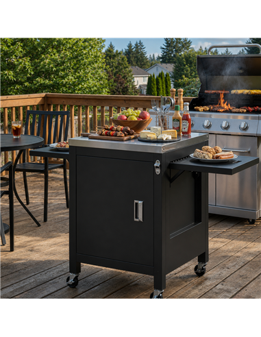 Outsunny Outdoor Grill Cart with Stainless Steel Tabletop, BBQ Table with a Cabinet, Towel Holder, Bottle Opener, Black