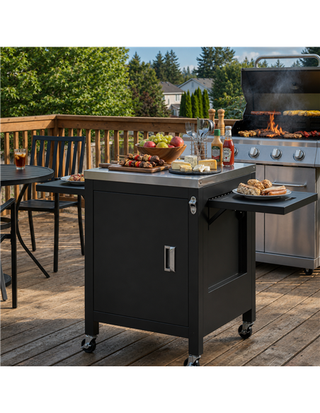 Outsunny Outdoor Grill Cart with Stainless Steel Tabletop, BBQ Table with a Cabinet, Towel Holder, Bottle Opener, Black - pic 205561 | FastDaddyshop