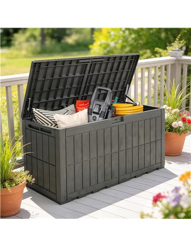 Outsunny 440L Garden Storage Box, Waterproof & UV Resistant Resin Deck Box with Lockable Lid, Pneumatic Gas Rods, Side Handles