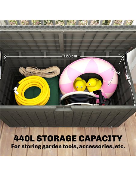 Outsunny 440L Garden Storage Box, Waterproof & UV Resistant Resin Deck Box with Lockable Lid, Pneumatic Gas Rods, Side Handles - pic 205573 | FastDaddyshop