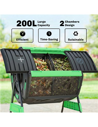 Outsunny Garden Compost Bin, 200L Dual Chamber Tumbling Composter with Adjustable Vents, BPA Free Compost Tumbler, Green