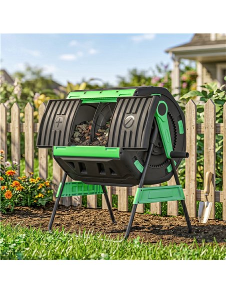 Outsunny Garden Compost Bin, 200L Dual Chamber Tumbling Composter with Adjustable Vents, BPA Free Compost Tumbler, Green - pic 205594 | FastDaddyshop