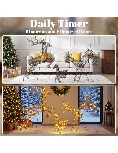 Outsunny 3-Piece Light Up Deer Family Set of 3, Lighted Reindeer Christmas Decorations Outdoor with 200 LED Lights, Brown