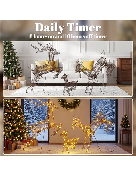 Outsunny 3-Piece Light Up Deer Family Set of 3, Lighted Reindeer Christmas Decorations Outdoor with 200 LED Lights, Brown - pic 205619 | FastDaddyshop