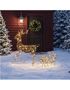 Outsunny Lighted Reindeer and Sleigh Set, 2-Piece PP Rattan Outdoor Christmas Decoration with LEDs, 8 Modes, Daily Timer 2