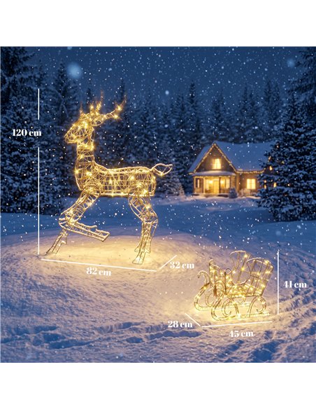 Outsunny Lighted Reindeer and Sleigh Set, 2-Piece PP Rattan Outdoor Christmas Decoration with LEDs, 8 Modes, Daily Timer - pic 205625 | FastDaddyshop