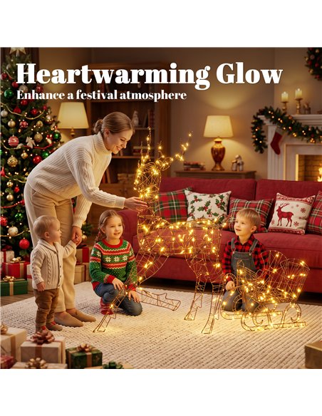 Outsunny Lighted Reindeer and Sleigh Set, 2-Piece PP Rattan Outdoor Christmas Decoration with LEDs, 8 Modes, Daily Timer - pic 205626 | FastDaddyshop