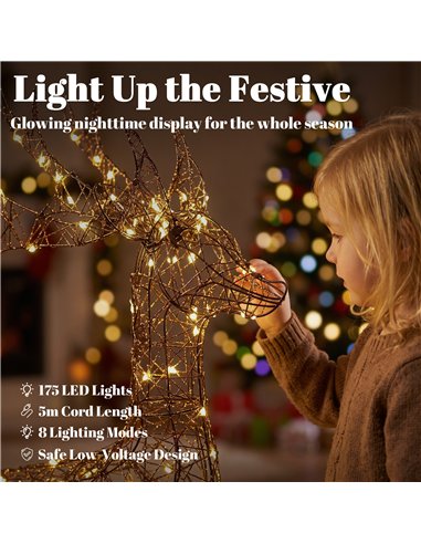 Outsunny Lighted Reindeer and Sleigh Set, 2-Piece PP Rattan Outdoor Christmas Decoration with LEDs, 8 Modes, Daily Timer