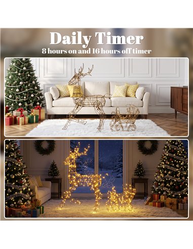 Outsunny Lighted Reindeer and Sleigh Set, 2-Piece PP Rattan Outdoor Christmas Decoration with LEDs, 8 Modes, Daily Timer