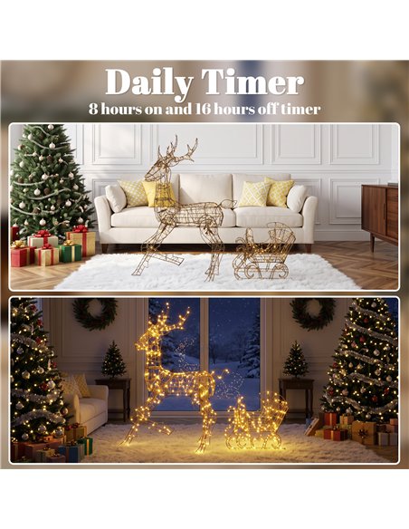 Outsunny Lighted Reindeer and Sleigh Set, 2-Piece PP Rattan Outdoor Christmas Decoration with LEDs, 8 Modes, Daily Timer - pic 205628 | FastDaddyshop