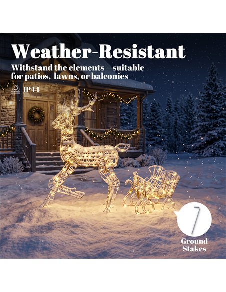 Outsunny Lighted Reindeer and Sleigh Set, 2-Piece PP Rattan Outdoor Christmas Decoration with LEDs, 8 Modes, Daily Timer - pic 205629 | FastDaddyshop