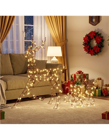 Outsunny Lighted Reindeer and Sleigh Set, 2-Piece PP Rattan Outdoor Christmas Decoration with LEDs, 8 Modes, Daily Timer