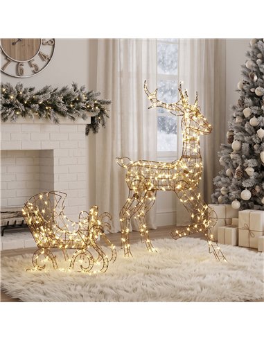 Outsunny Lighted Reindeer and Sleigh Set, 2-Piece PP Rattan Outdoor Christmas Decoration with LEDs, 8 Modes, Daily Timer