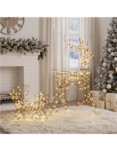 Outsunny Lighted Reindeer and Sleigh Set, 2-Piece PP Rattan Outdoor Christmas Decoration with LEDs, 8 Modes, Daily Timer - pic 205631 | FastDaddyshop