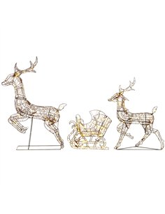 Outsunny 3-Piece Lighted Reindeer and Sleigh Set, PP Rattan Outdoor Christmas Decoration with LEDs, 8 Modes, Daily Timer