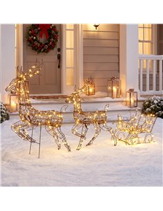 Outsunny 3-Piece Lighted Reindeer and Sleigh Set, PP Rattan Outdoor Christmas Decoration with LEDs, 8 Modes, Daily Timer 2