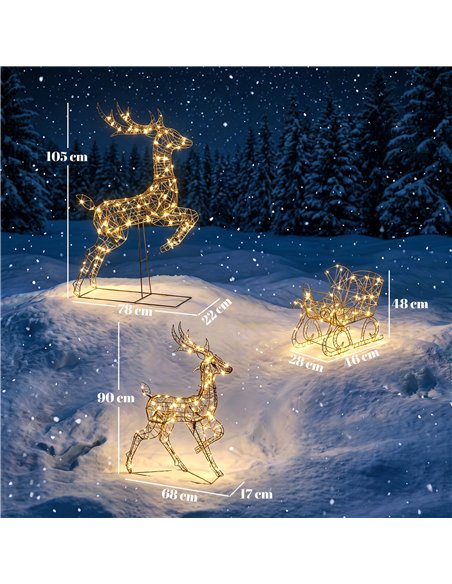 Outsunny 3-Piece Lighted Reindeer and Sleigh Set, PP Rattan Outdoor Christmas Decoration with LEDs, 8 Modes, Daily Timer - pic 205634 | FastDaddyshop