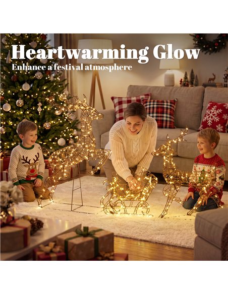 Outsunny 3-Piece Lighted Reindeer and Sleigh Set, PP Rattan Outdoor Christmas Decoration with LEDs, 8 Modes, Daily Timer - pic 205635 | FastDaddyshop