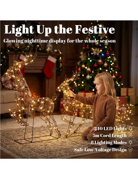 Outsunny 3-Piece Lighted Reindeer and Sleigh Set, PP Rattan Outdoor Christmas Decoration with LEDs, 8 Modes, Daily Timer - pic 205636 | FastDaddyshop