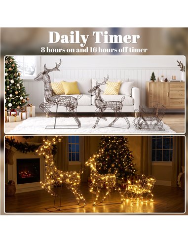 Outsunny 3-Piece Lighted Reindeer and Sleigh Set, PP Rattan Outdoor Christmas Decoration with LEDs, 8 Modes, Daily Timer