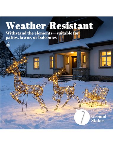 Outsunny 3-Piece Lighted Reindeer and Sleigh Set, PP Rattan Outdoor Christmas Decoration with LEDs, 8 Modes, Daily Timer