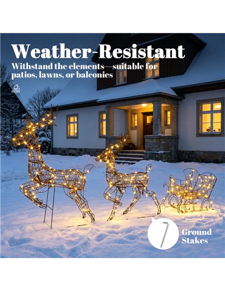 Outsunny 3-Piece Lighted Reindeer and Sleigh Set, PP Rattan Outdoor Christmas Decoration with LEDs, 8 Modes, Daily Timer - pic 205638 | FastDaddyshop