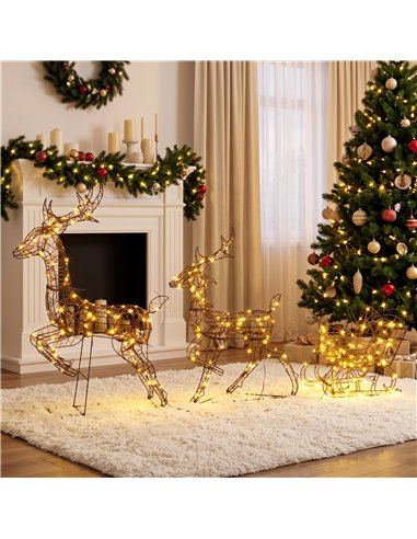 Outsunny 3-Piece Lighted Reindeer and Sleigh Set, PP Rattan Outdoor Christmas Decoration with LEDs, 8 Modes, Daily Timer