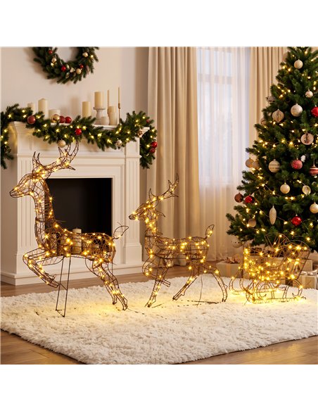 Outsunny 3-Piece Lighted Reindeer and Sleigh Set, PP Rattan Outdoor Christmas Decoration with LEDs, 8 Modes, Daily Timer - pic 205640 | FastDaddyshop
