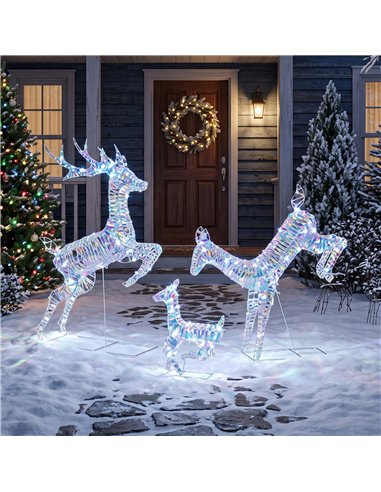 Outsunny 3-Piece Lighted Reindeer Family Set, Iridescent Outdoor Christmas Decoration, Deer Family with 8 Modes, Daily Timer