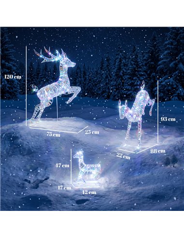 Outsunny 3-Piece Lighted Reindeer Family Set, Iridescent Outdoor Christmas Decoration, Deer Family with 8 Modes, Daily Timer