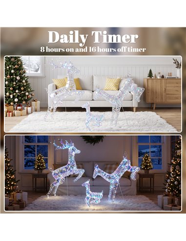 Outsunny 3-Piece Lighted Reindeer Family Set, Iridescent Outdoor Christmas Decoration, Deer Family with 8 Modes, Daily Timer