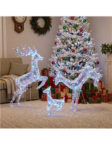 Outsunny 3-Piece Lighted Reindeer Family Set, Iridescent Outdoor Christmas Decoration, Deer Family with 8 Modes, Daily Timer