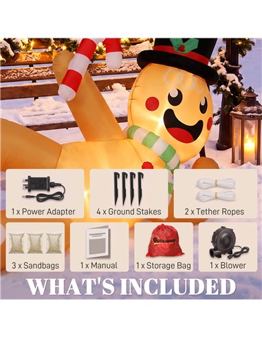 Outsunny 9.8ft Giant Christmas Inflatable Gingerbread Man Side-Lying, Outdoor Blow Up Christmas Decoration with LEDs, Bag
